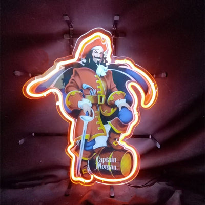 Captain Morgan Neon Sign glowing with red and orange hues on acrylic and metal grid backing