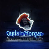Neon sign featuring Captain Morgan pirate hat and face in red, black, and white above glowing blue text saying 'Captain Morgan', with 'Original Spiced Rum' in white on a black bar below