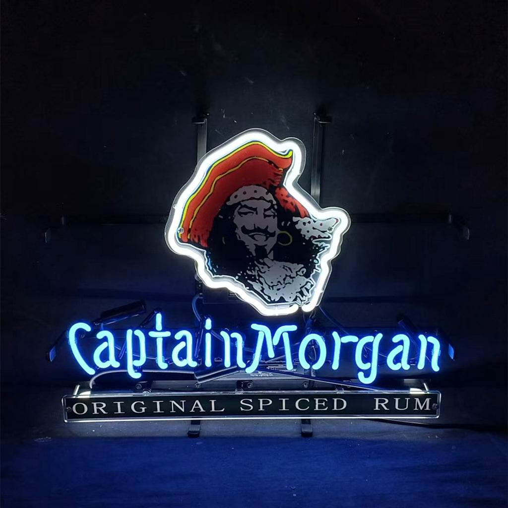 Neon sign featuring Captain Morgan pirate hat and face in red, black, and white above glowing blue text saying 'Captain Morgan', with 'Original Spiced Rum' in white on a black bar below
