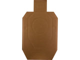Brown cardboard shooting target with official IDPA markings lying on a wood surface