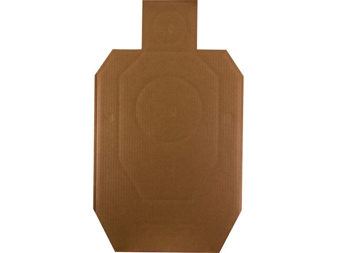 Brown cardboard shooting target with official IDPA markings lying on a wood surface