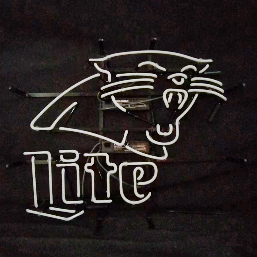 White neon sign depicting a roaring panther head above the word 'Lite' on a black background