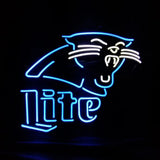 Neon sign featuring a glowing blue Carolina Panthers panther head outline above the word 'Lite' in blue and white neon lettering on black background.