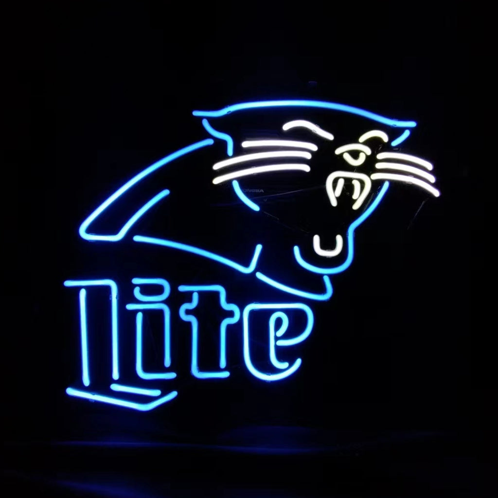 Neon sign featuring a glowing blue Carolina Panthers panther head outline above the word 'Lite' in blue and white neon lettering on black background.