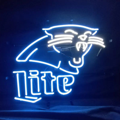 Carolina Panthers Miller Lite Neon Sign glowing on metal grid backing with chain