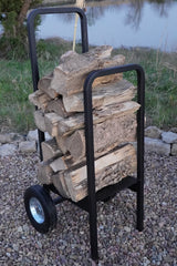 Woodhaven Firewood Cart with solid rubber wheels and steel frame