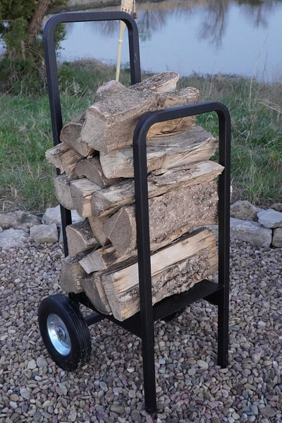 Woodhaven Firewood Cart with solid rubber wheels and steel frame