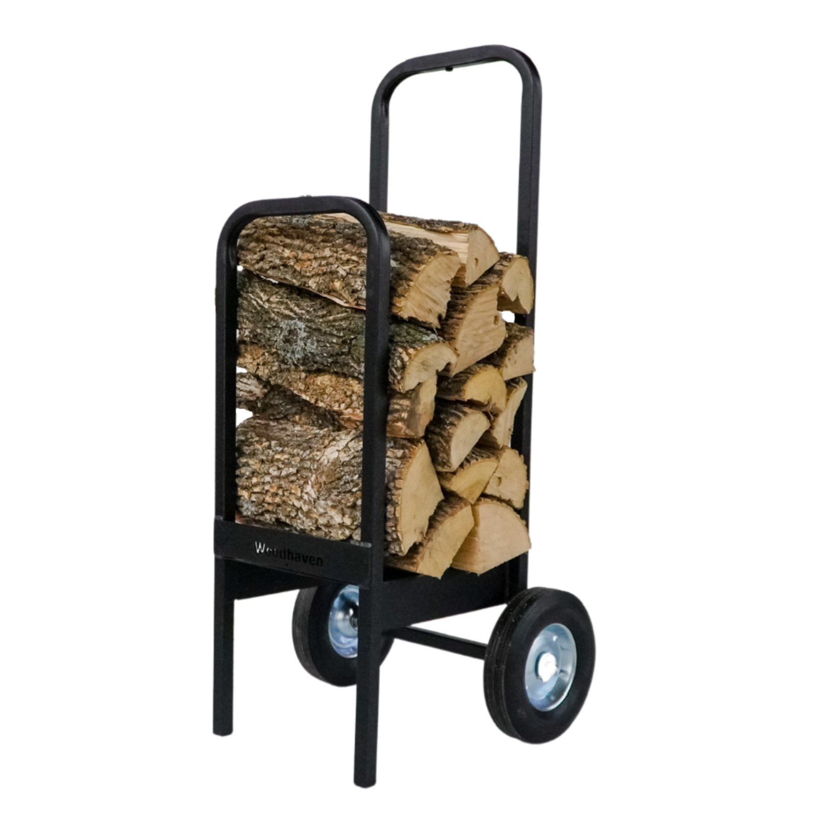 Woodhaven Firewood Cart with solid rubber wheels and steel frame