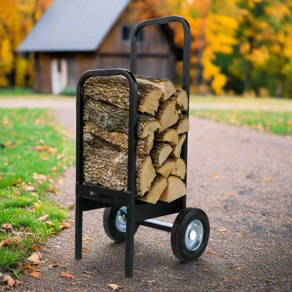 Woodhaven Firewood Cart with solid rubber wheels and steel frame