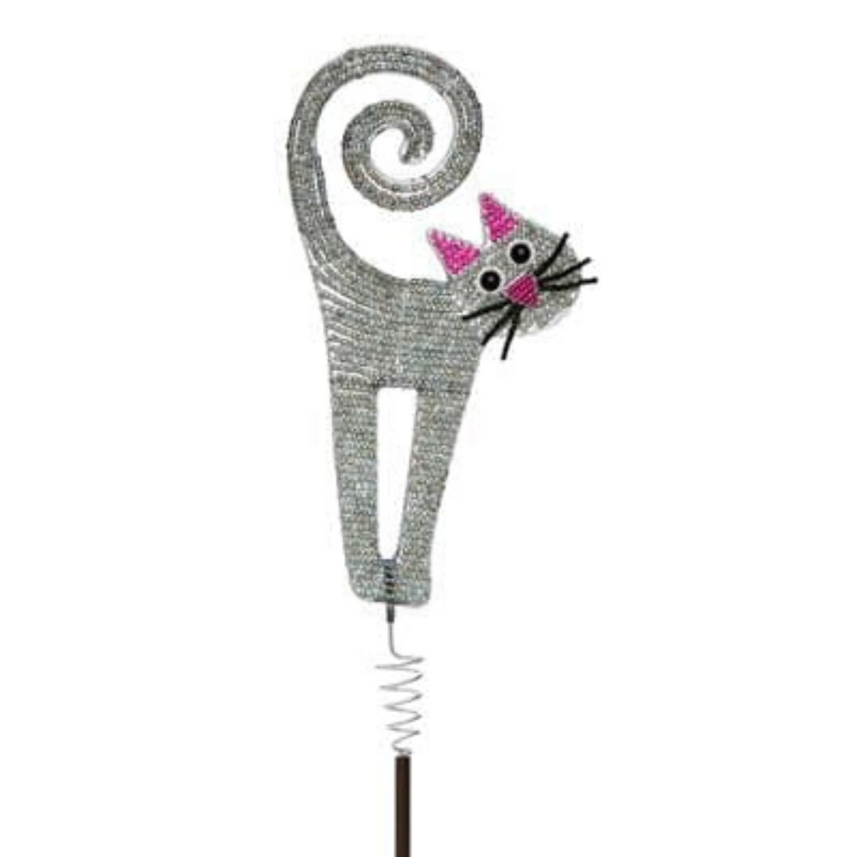 Silver wire cat sculpture with curled tail, pink ears and nose, black whiskers, and wide eyes mounted on a metal spring stake
