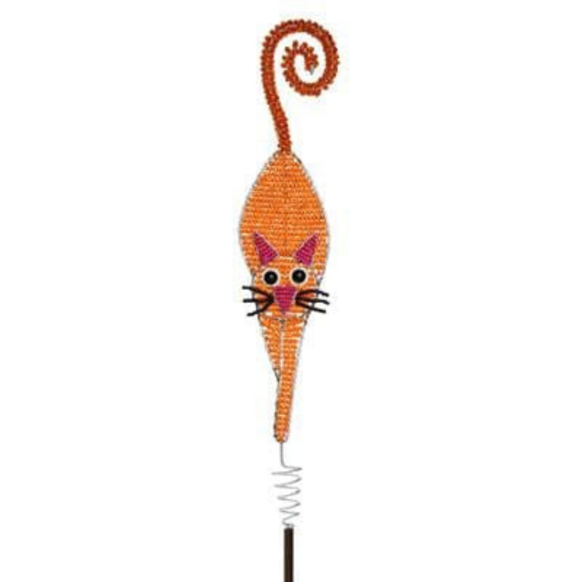 Orange metal cat garden stake with a long spiral tail, exaggerated eyes, nose, and whiskers, topped with a tightly coiled spring at the bottom.
