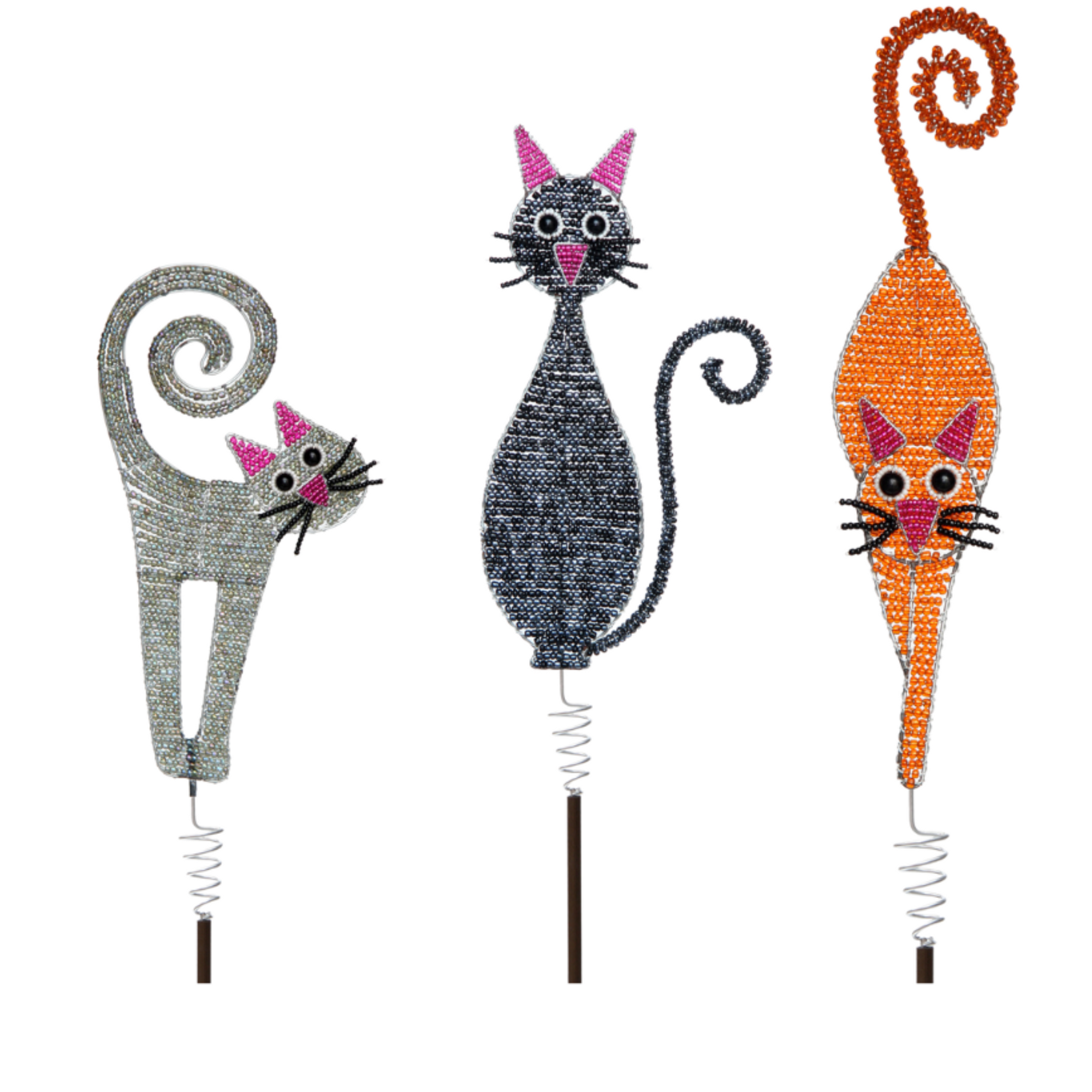 Beaded Cat Garden Stake on a green garden background