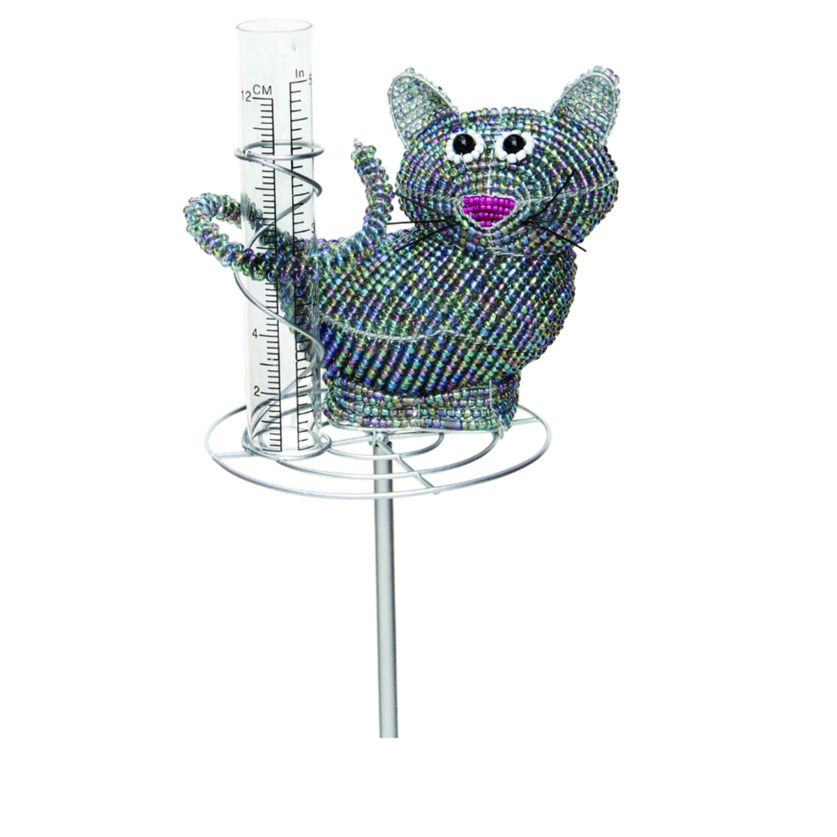 Cat rain gauge with beaded decorative stake and glass cylinder, shown outdoors in garden setting