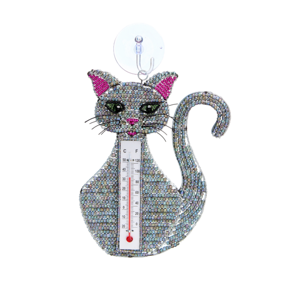 Whimsical handmade cat-shaped window thermometer with colorful glass and acrylic beads hanging from a suction cup
