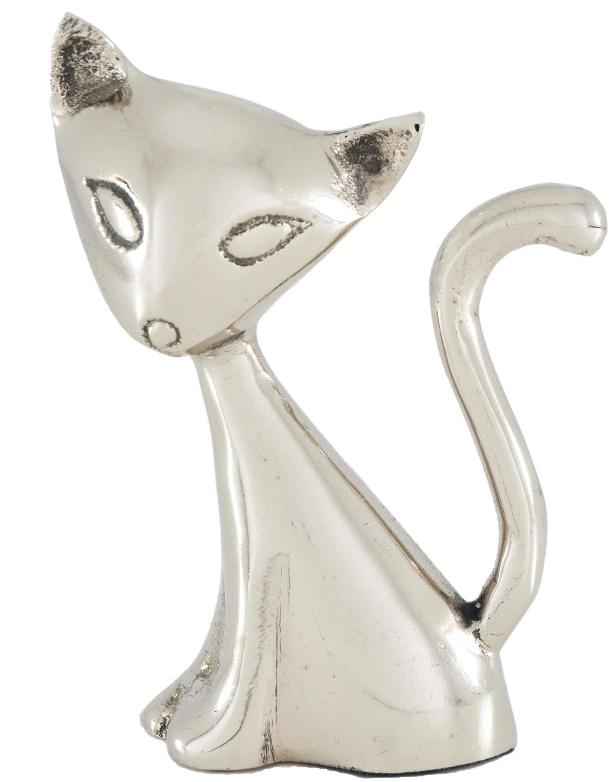 Silver Vibhsa Cat Ring Holder showing a cat figurine with rings on its tail on a white background