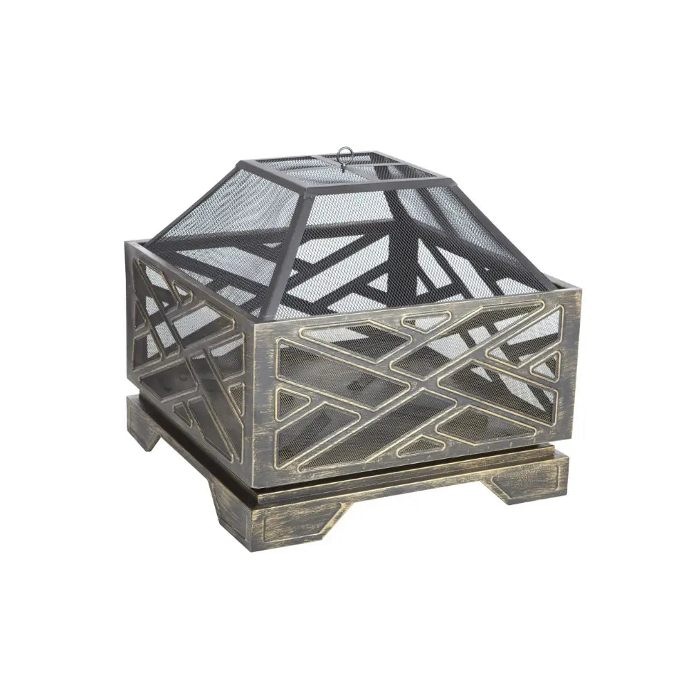 Catalano Square Fire Pit in antique bronze finish showing glowing fire through mesh fire bowl
