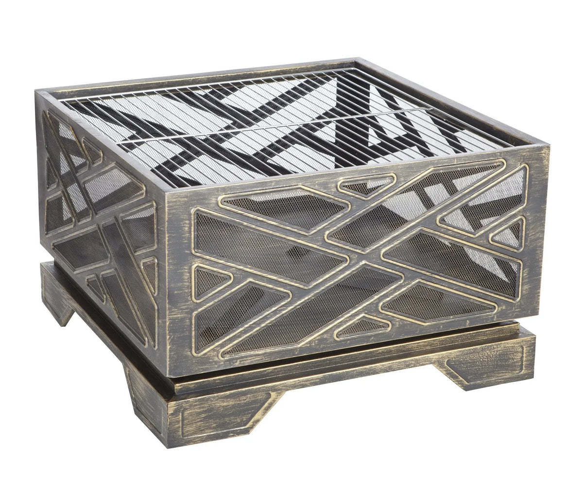 Square metal fire pit with intersecting geometric cutout patterns and mesh panels in an antique bronze finish, elevated on four short legs.