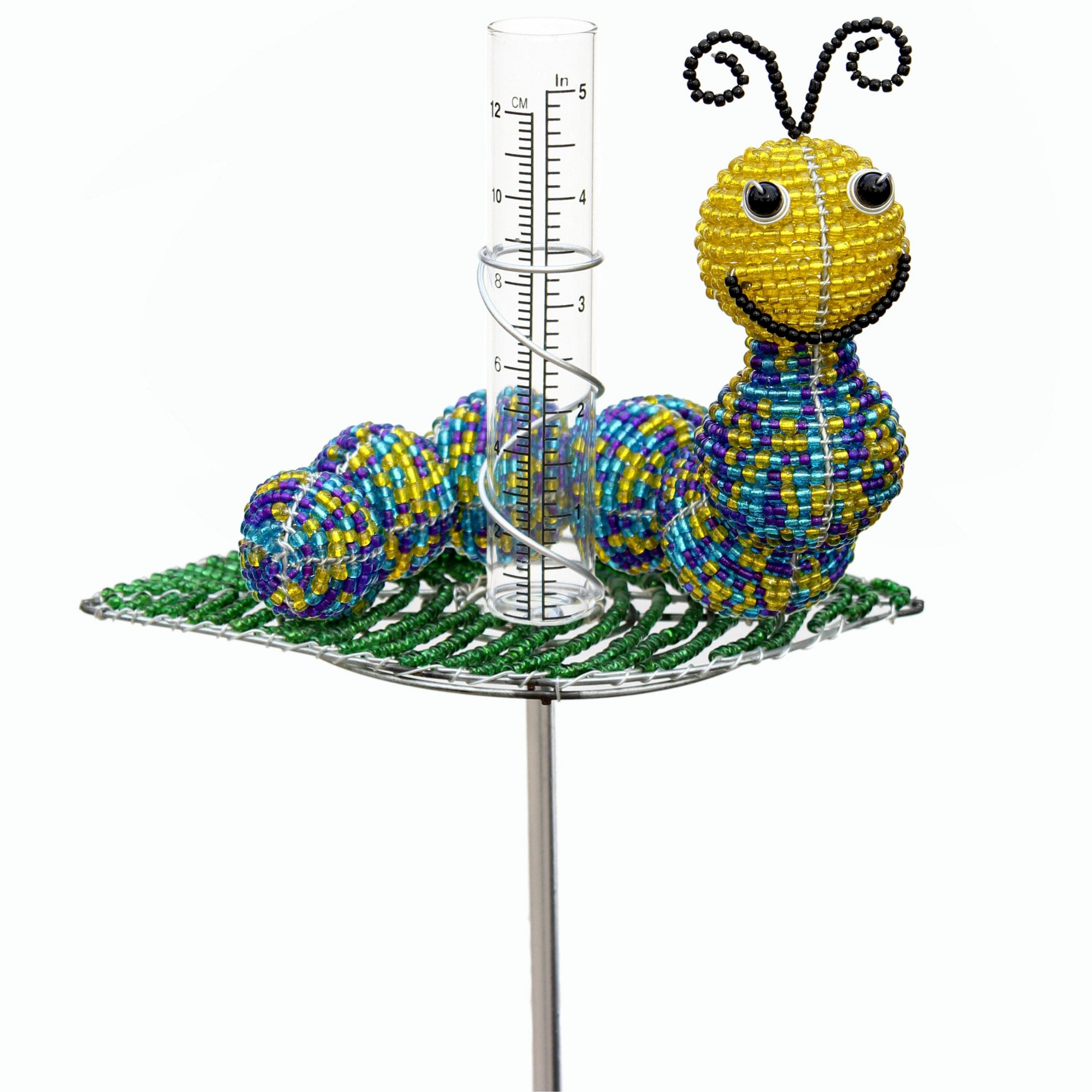 Caterpillar shaped beaded rain gauge in colorful glass and acrylic beads