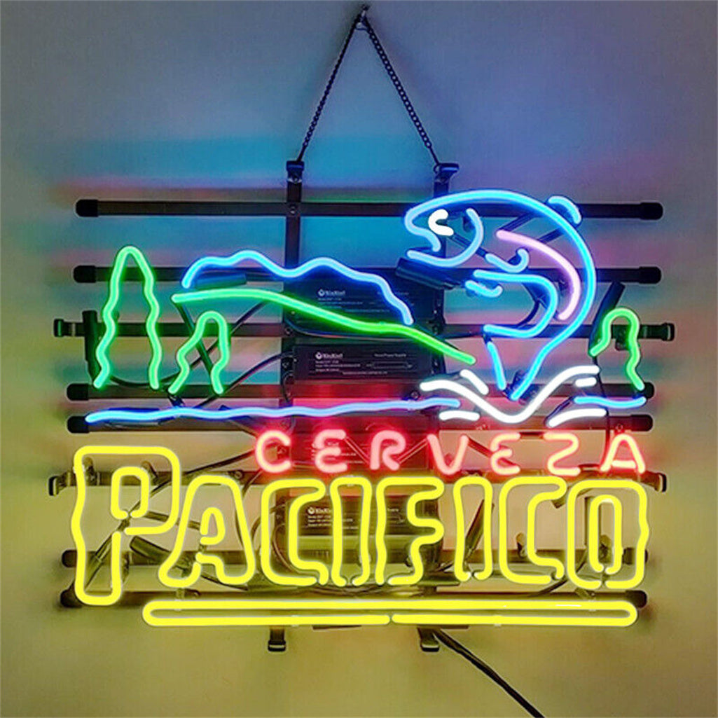 Cerveza Pacifico Go Fishing Neon Sign Light glowing indoors with metal grid backing