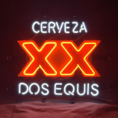 Cerveza XX Dos Equis Neon Light Sign illuminated on a metal grid backing.