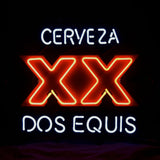 Neon sign with the words CERVEZA in white, large XX outlined in red, and DOS EQUIS in white on a black background