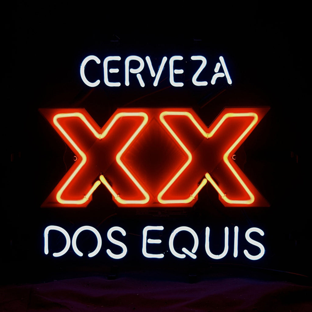 Neon sign with the words CERVEZA in white, large XX outlined in red, and DOS EQUIS in white on a black background