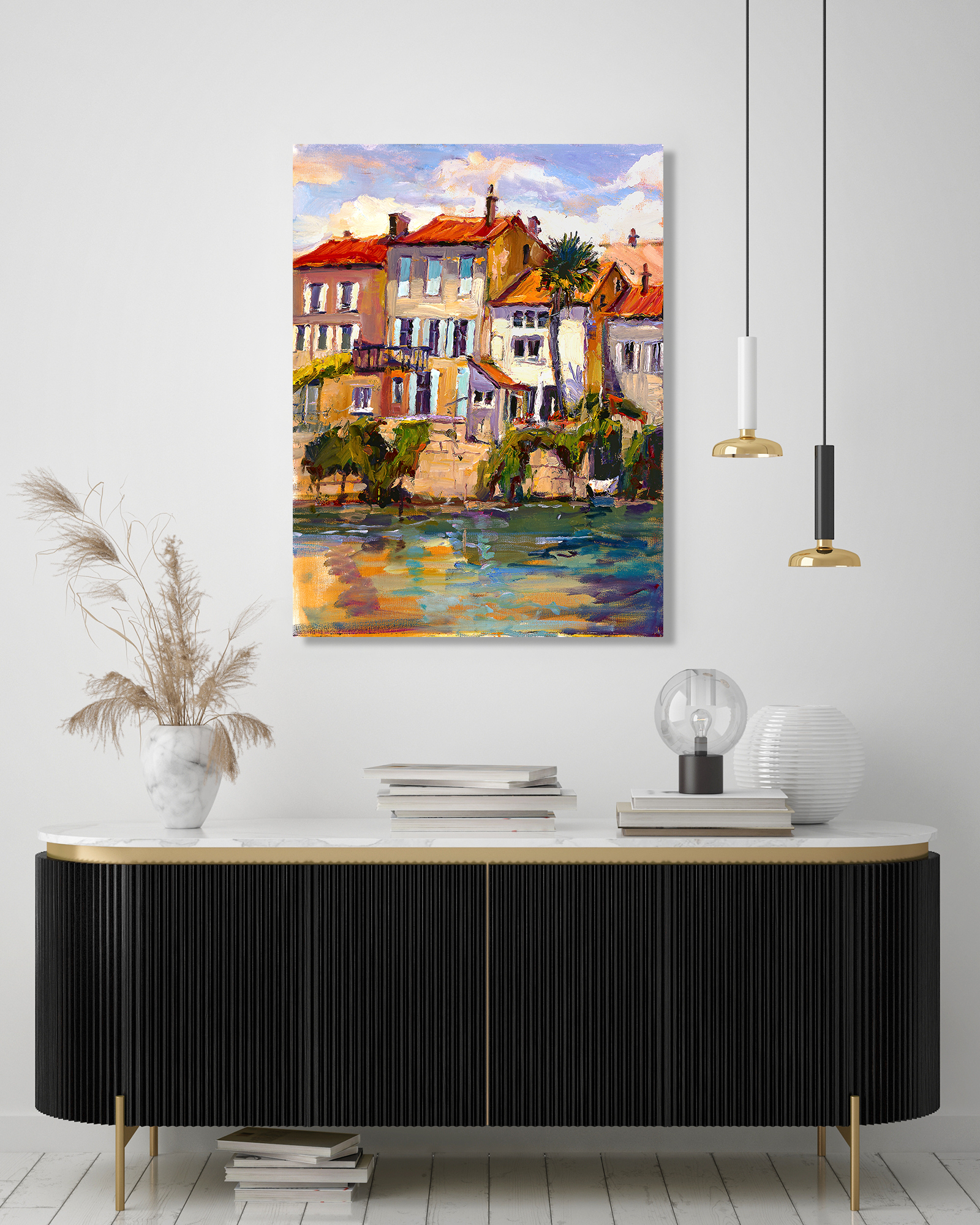 Charantee River Shops Artist Enhanced Canvas Print by John Beard Collection - product image 3 for Resin Society