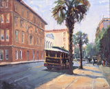 Charleston Trolley artist enhanced canvas print showing a trolley in a coastal landscape with rich blues and warm hues, available framed and unframed