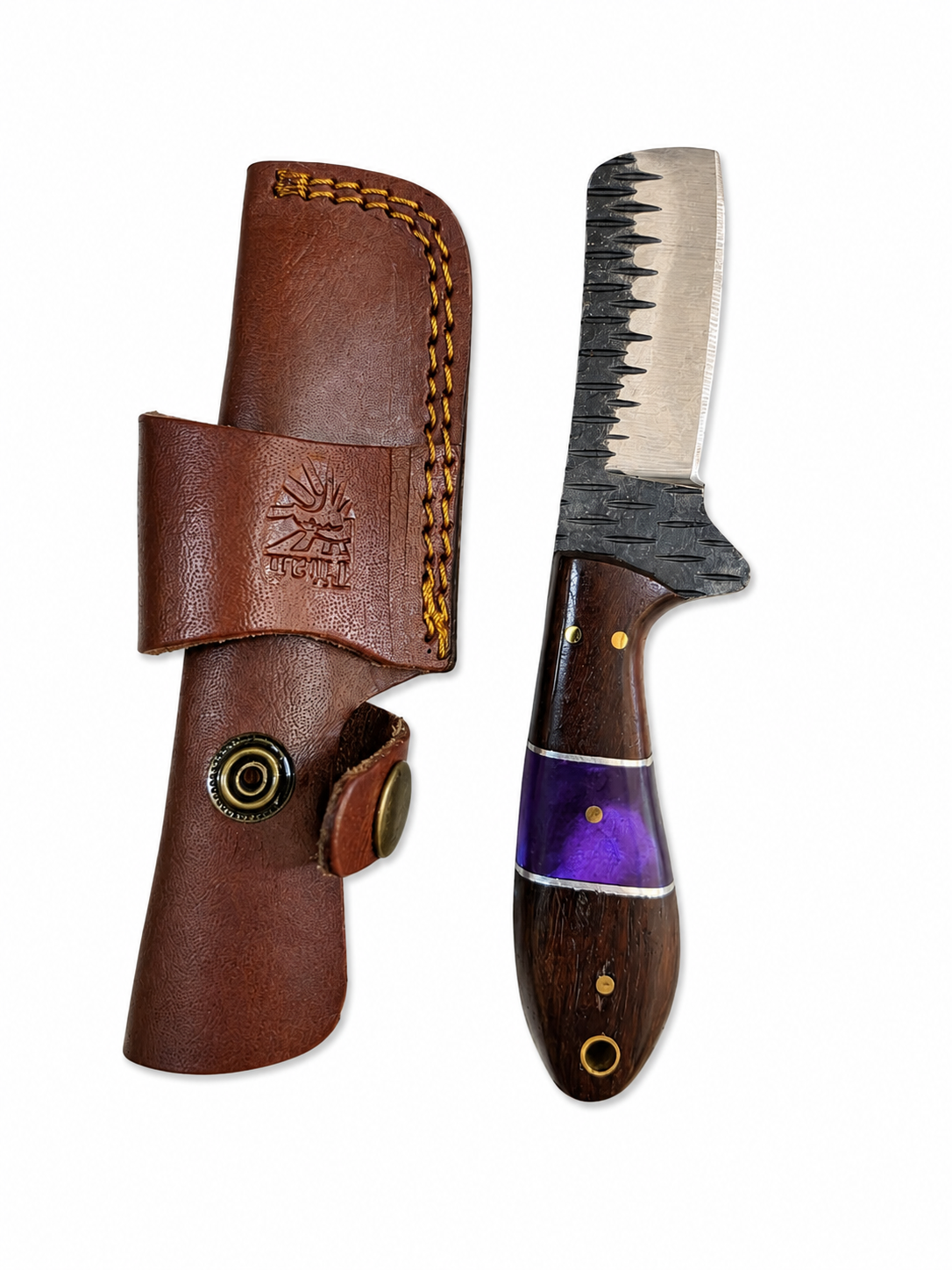 Titan Purple Ridge Skinner fixed-blade knife with hardwood handle, purple resin accent, and leather sheath