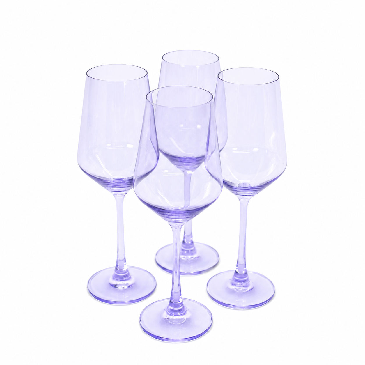 Lady Lavender wine glass in soft lavender color, displayed in both stemmed and stemless styles