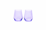 Two lavender-colored translucent wine glasses with smooth rounded shapes and slightly tapered tops, shown side by side against a white background.