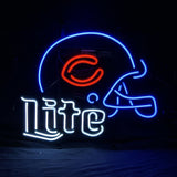 Neon sign depicting a blue football helmet with a red 'C' logo above the white neon word 'Lite' on a black background.