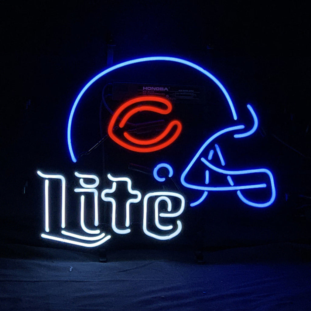 Neon sign depicting a blue football helmet with a red 'C' logo above the white neon word 'Lite' on a black background.