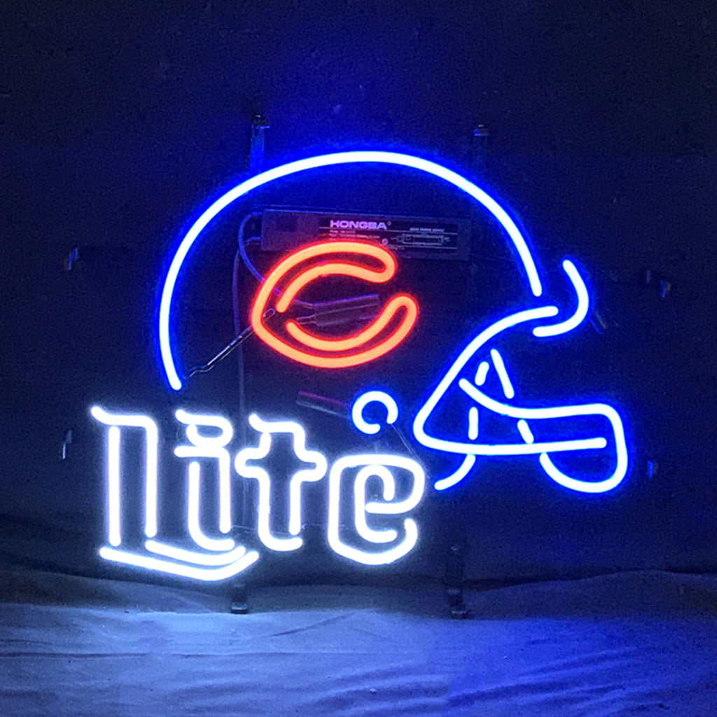 Chicago Bears Helmet Miller Lite Neon Sign illuminated on wall