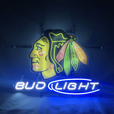 Chicago Blackhawks Hockey Bud Light Neon Sign Light displaying bright neon tubes on a metal grid backing