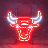Chicago Bulls Neon Signs glowing with red neon lighting on a metal grid backing, hanging on a wall.