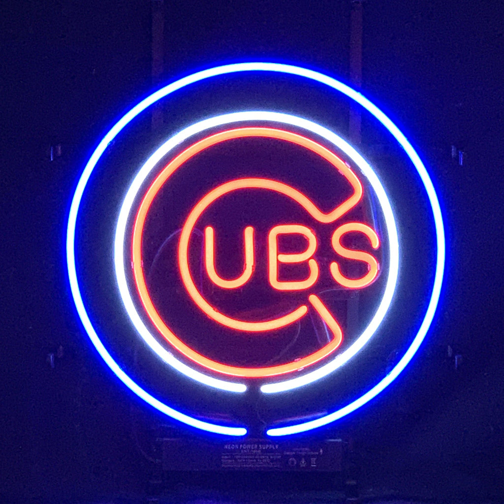 Chicago Cubs UBS Baseball Logo Neon Sign with glowing glass tubes on metal grid backing