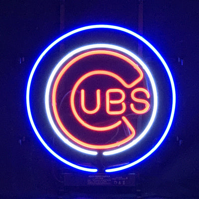 Chicago Cubs UBS Baseball Logo Neon Sign with glowing glass tubes on metal grid backing