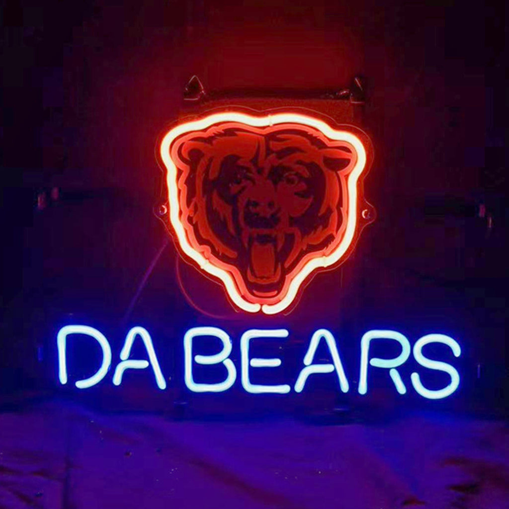 Neon sign featuring a stylized bear head outlined in red above blue neon text reading 'DA BEARS' on a dark background.