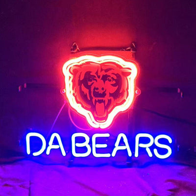 Illuminated Chicago Da Bears Neon Sign with metal grid backing hanging on wall