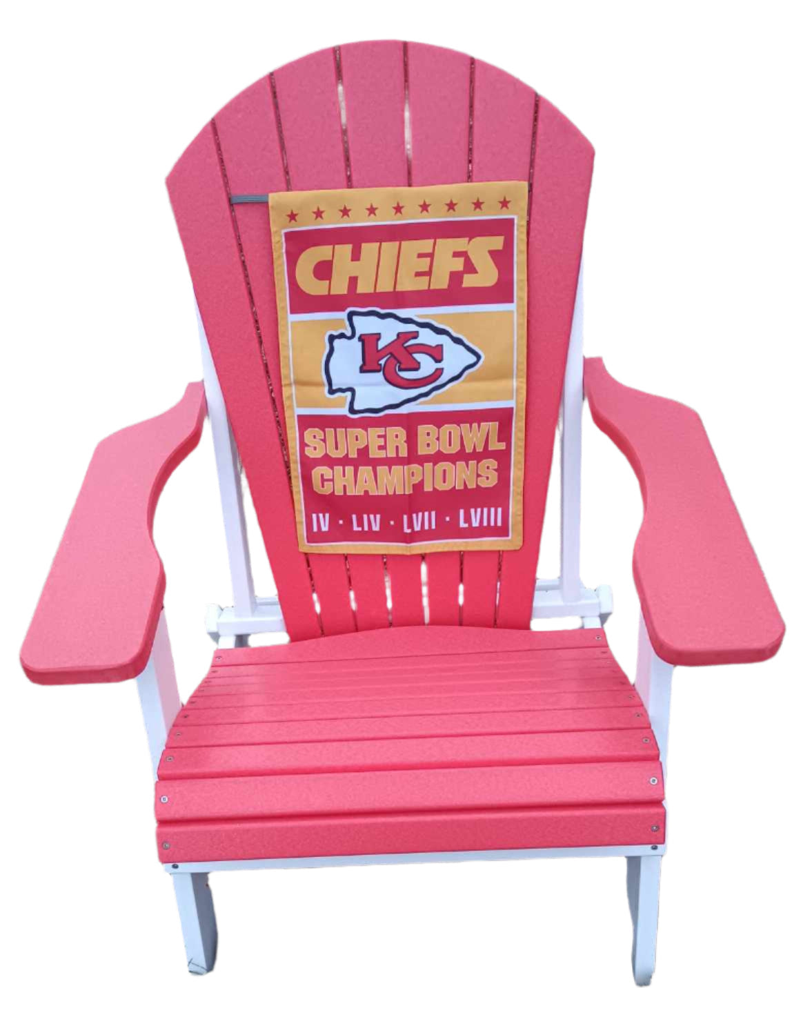 KC Chiefs team color Adirondack Folding Chair with wide fanned back on patio