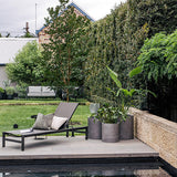 Black metal framed lounge chair with gray cushions on gray stone patio, next to three cylindrical dark gray Choob Planters holding various green plants by a stone wall and pool.