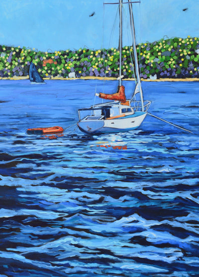 "Anchored" Sailboat Lake Glass Art Print by Dreese Fine Art - Resin Society