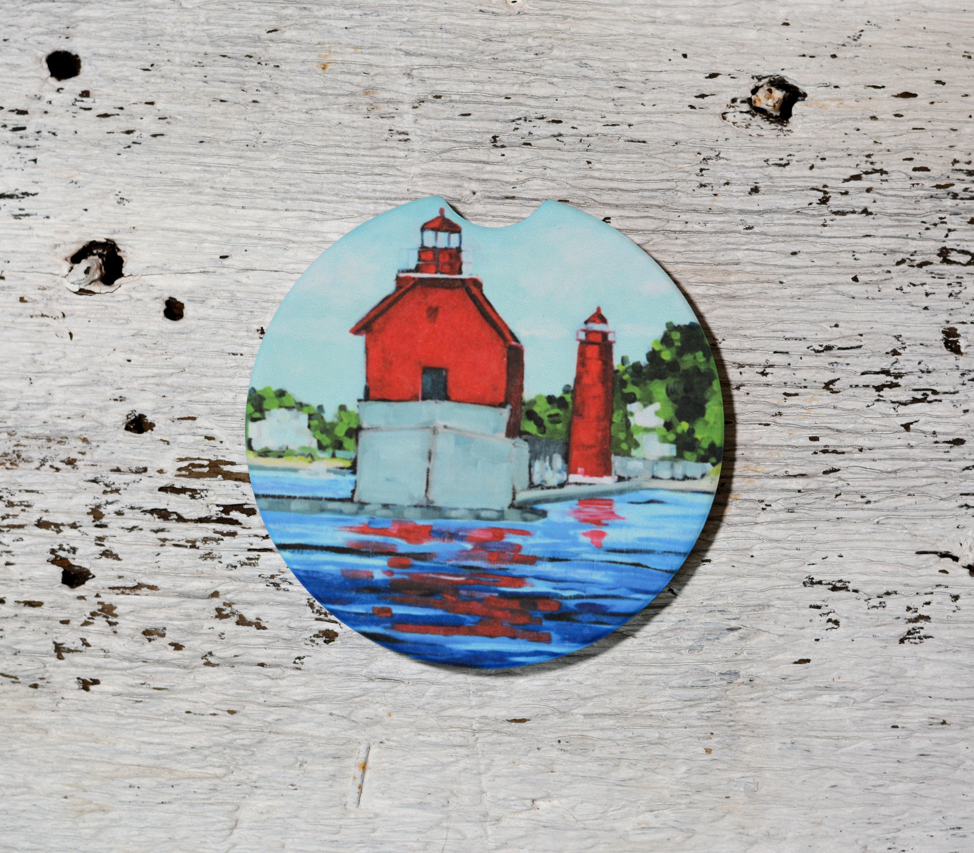Car Coaster: Lake View: Grand Haven Lighthouse. Artist Christi Dreese by Dreese Fine Art - Resin Society
