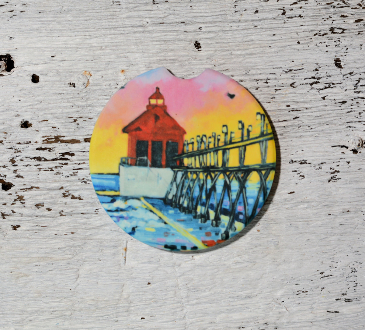 Car Coaster: Grand Haven Sunset Lighthouse. Artist Christi Dreese by Dreese Fine Art - Resin Society