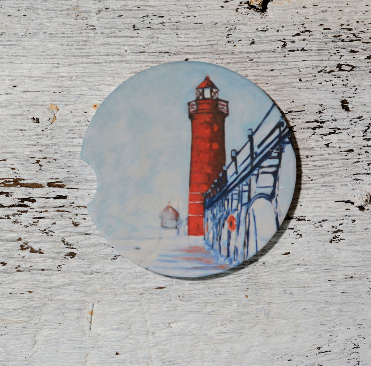 Car Coaster: Winter's Magic: Grand Haven Lighthouse. Artist Christi Dreese by Dreese Fine Art - Resin Society