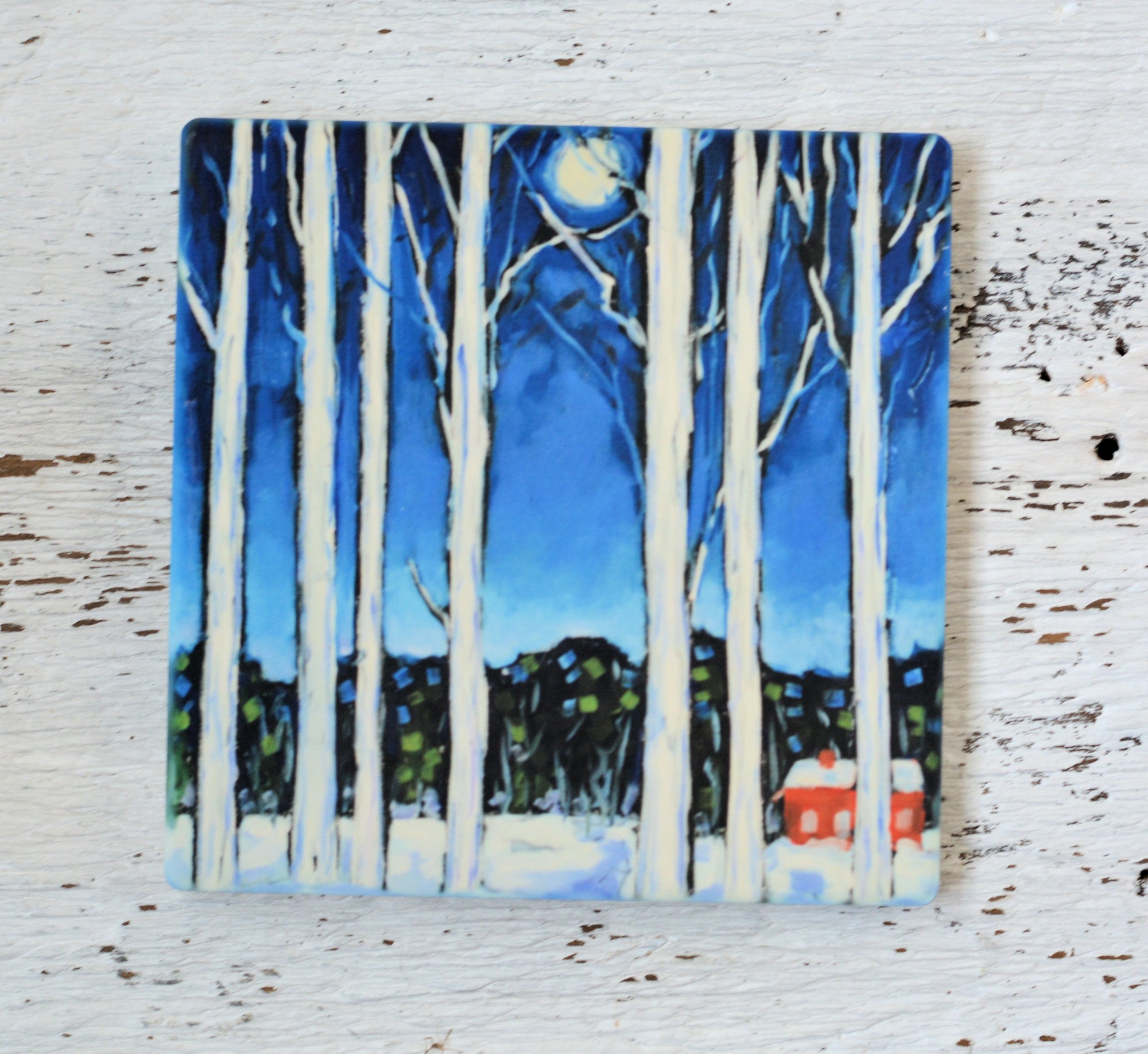 Coaster, trivet, and magnet from Dreese Fine Art featuring vibrant artwork titled 'Blame it on the Moon', showing colorful eye and abstract shapes.