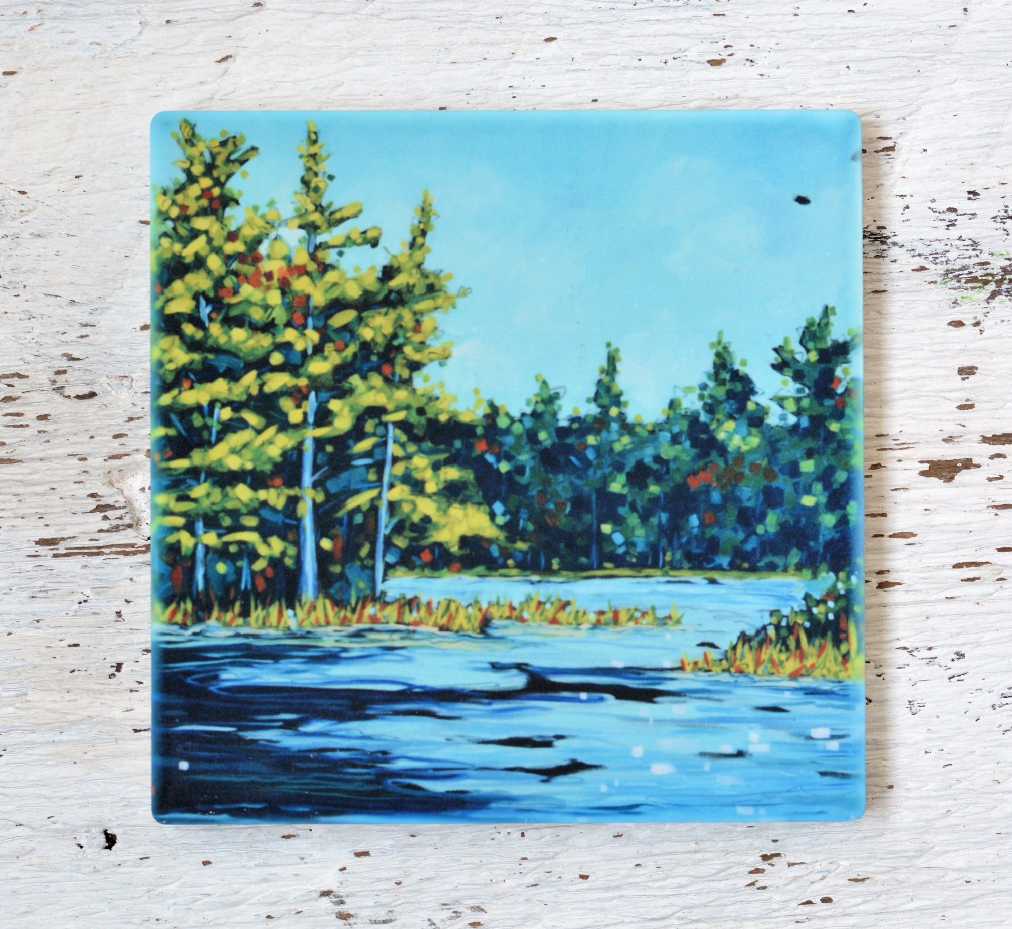 Coaster, trivet, and magnet featuring colorful artwork 'Time to Reflect' by Dreese Fine Art