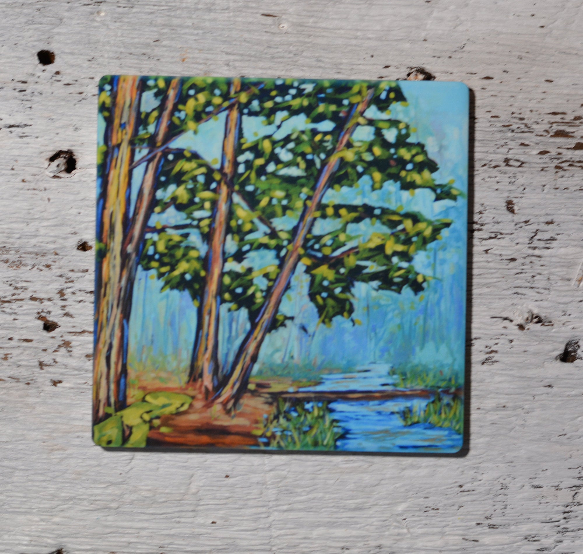 Coaster, trivet, and magnet featuring Hemlocks Along the River artwork by Dreese Fine Art
