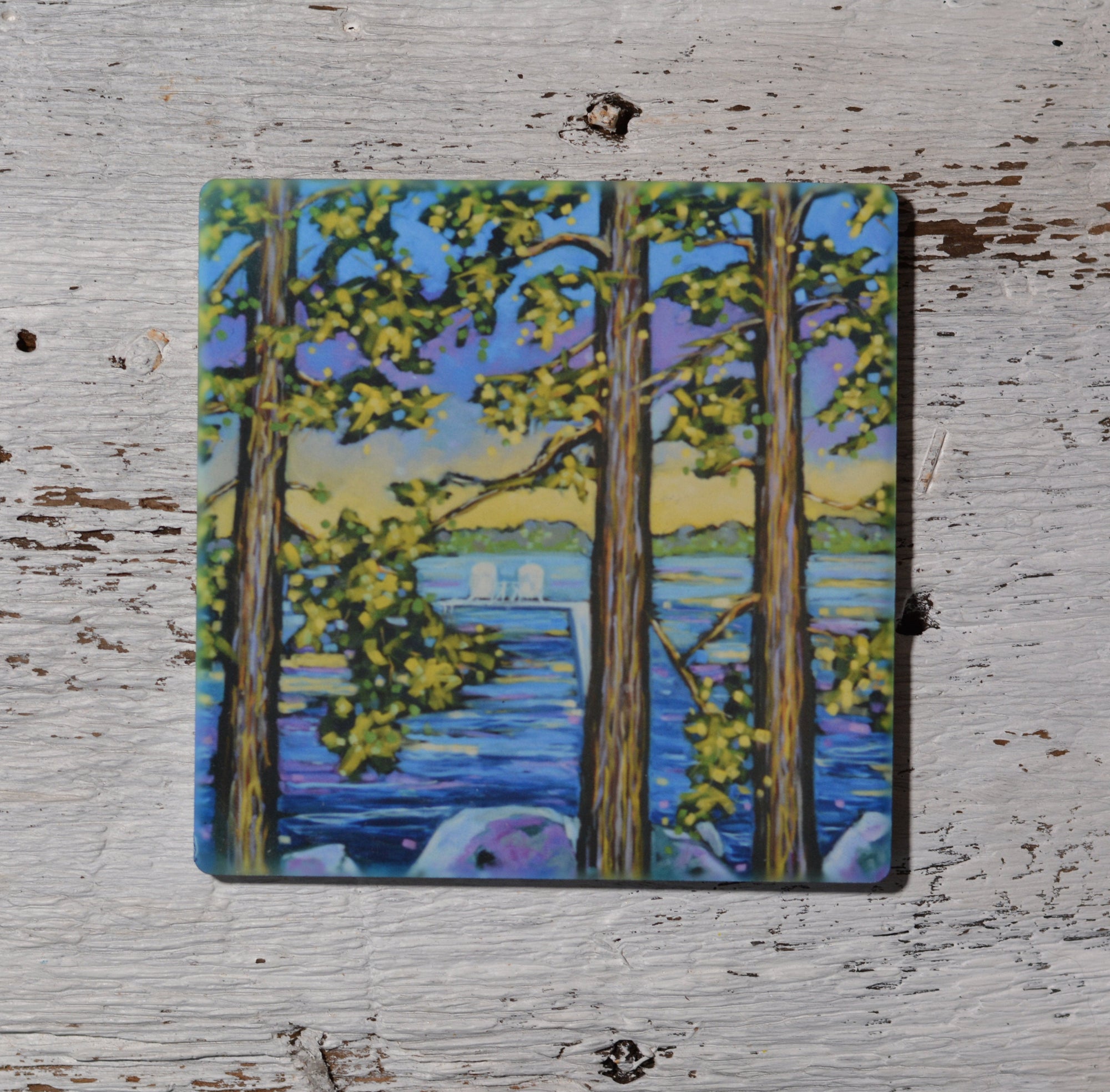 Weekend Getaway coaster, trivet, and magnet featuring bright colorful art by Dreese Fine Art
